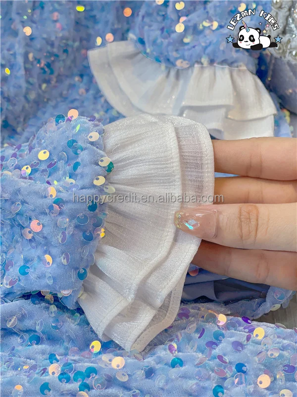 LEZONKIDS - Vestidos de Sequins Azuis de Sirene de Veludo para Meninas com Manga Longa para a Primavera